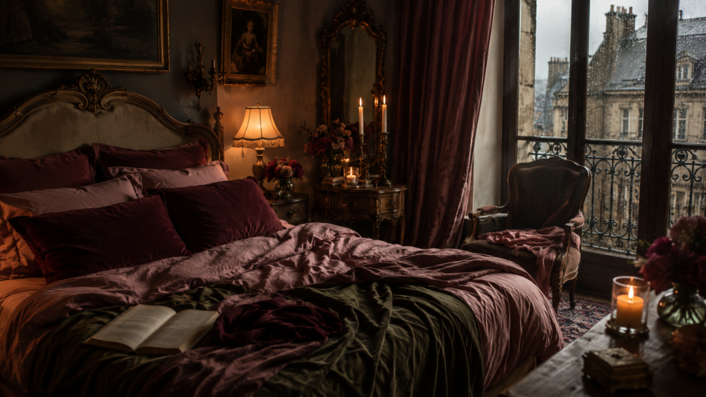 Romantic Gothic bedroom inspired by a French château with dusty rose linen, burgundy velvet cushions, candlelight and antique furniture.