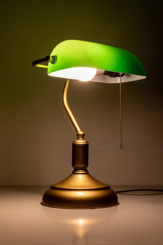 Classic green glass banker's desk lamp with brass base