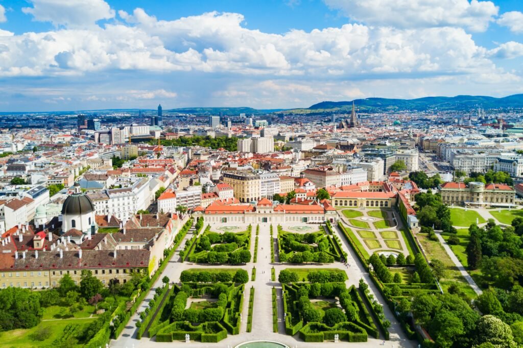 Belvedere Palace in Vienna surrounded by formal gardens and historic architecture