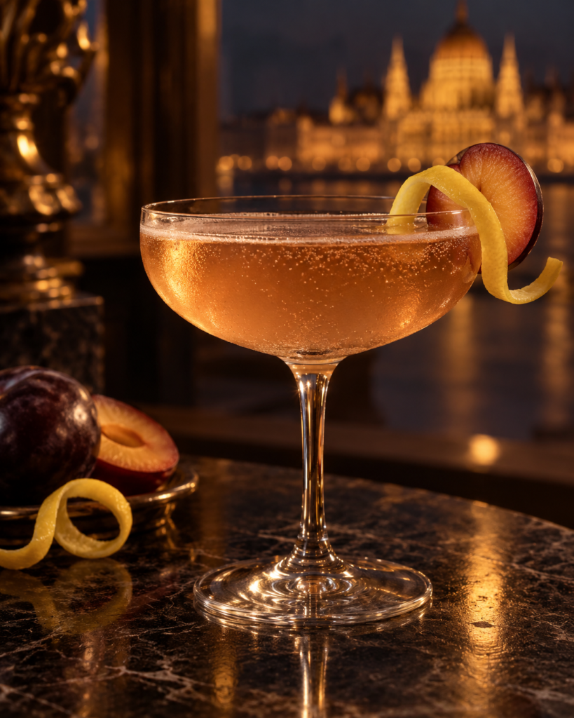 Elegant cocktail in a crystal glass on a dark reflective bar