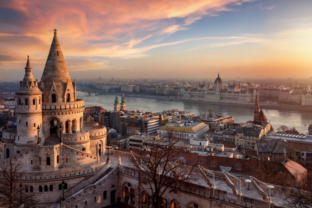 Fisherman's Bastion overlooking the Danube and Hungarian Parliament in Budapest