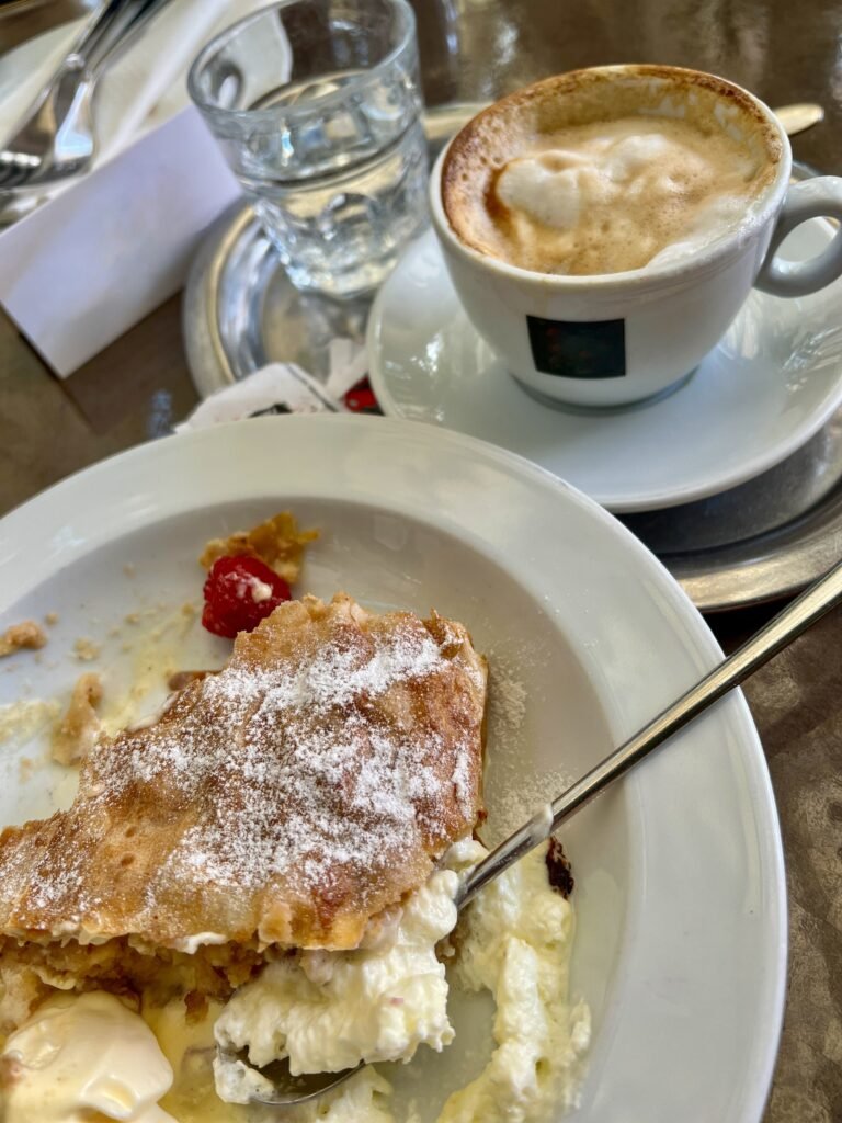 Austrian apple strudel served with vanilla ice cream and Viennese coffee