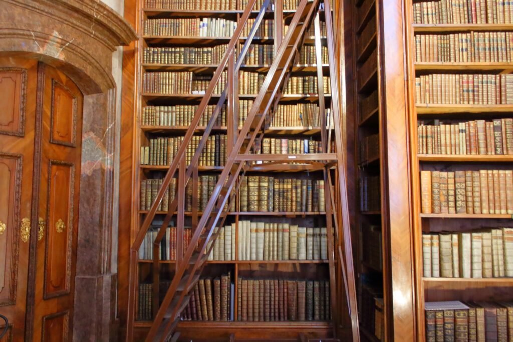 Historic leather-bound books and wooden bookcases inside the Austrian National Library in Vienna
