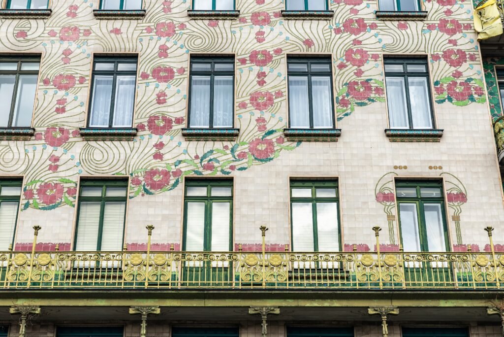 Floral tiled façade of Majolikahaus in Vienna