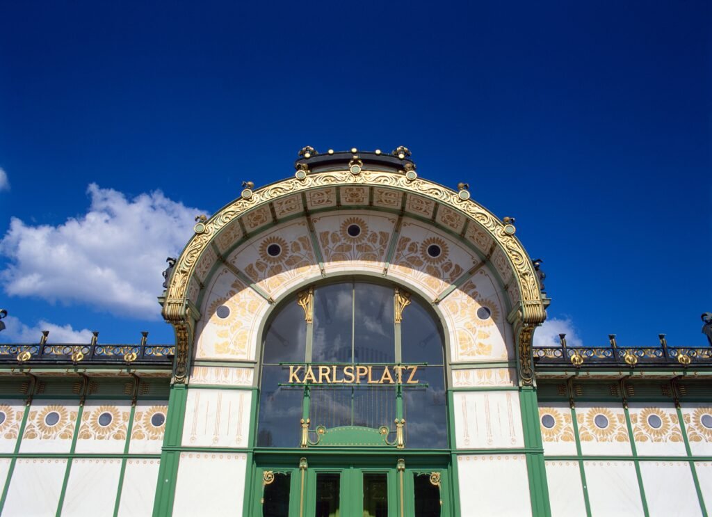 Otto Wagner Karlsplatz Pavilion in Vienna with white green and gold Art Nouveau details