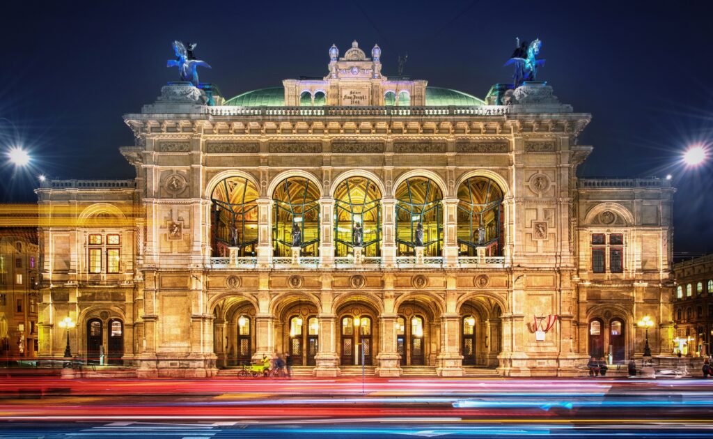 Illuminated Vienna State Opera at night in central Vienna Austria